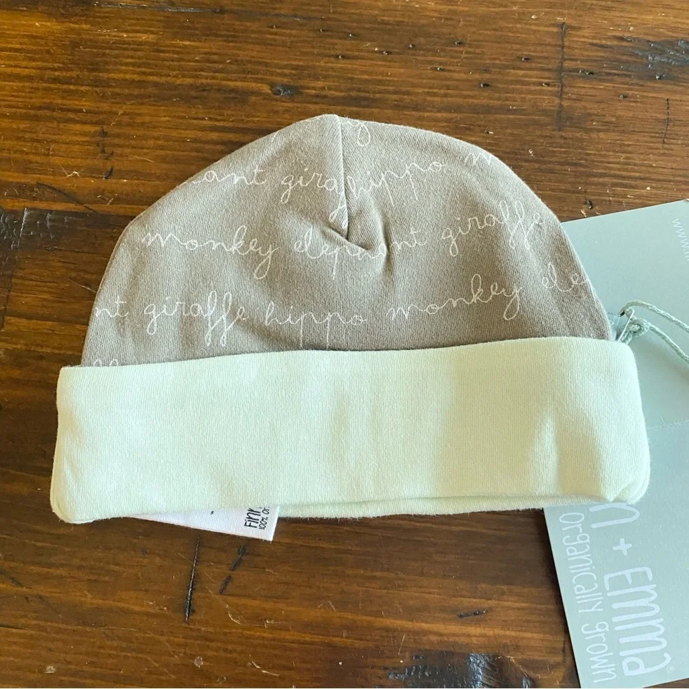 Finn + Emma Organic Cotton Baby Beanie Newborn Mint Green Gray Zoo Animal Script